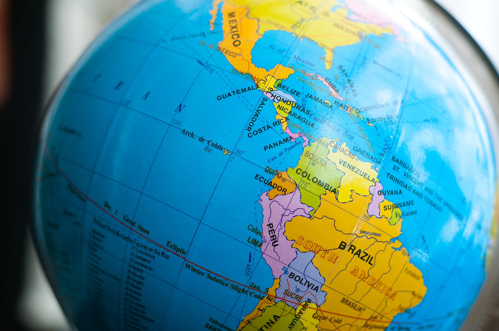 South America on the globe map.